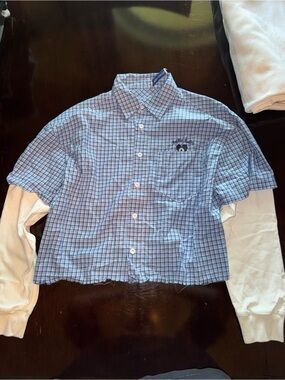 Aelfric Eden Blue Check Button-Front Shirt with White Layered Sleeves